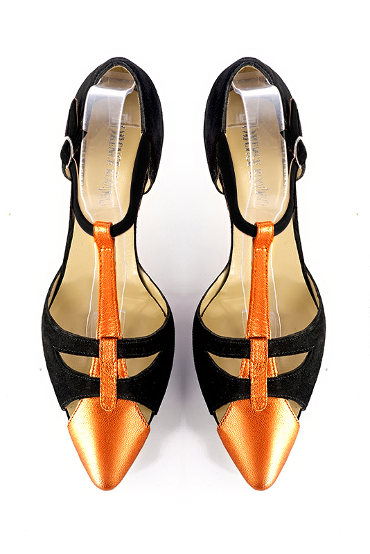 Apricot orange and matt black women's T-strap open side shoes. Tapered toe. Medium flare heels. Top view - Florence KOOIJMAN